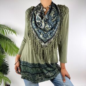 One World Women's Green Paisley Boho Fairy Grunge Top 3/4 Sleeve Scarf Top / S